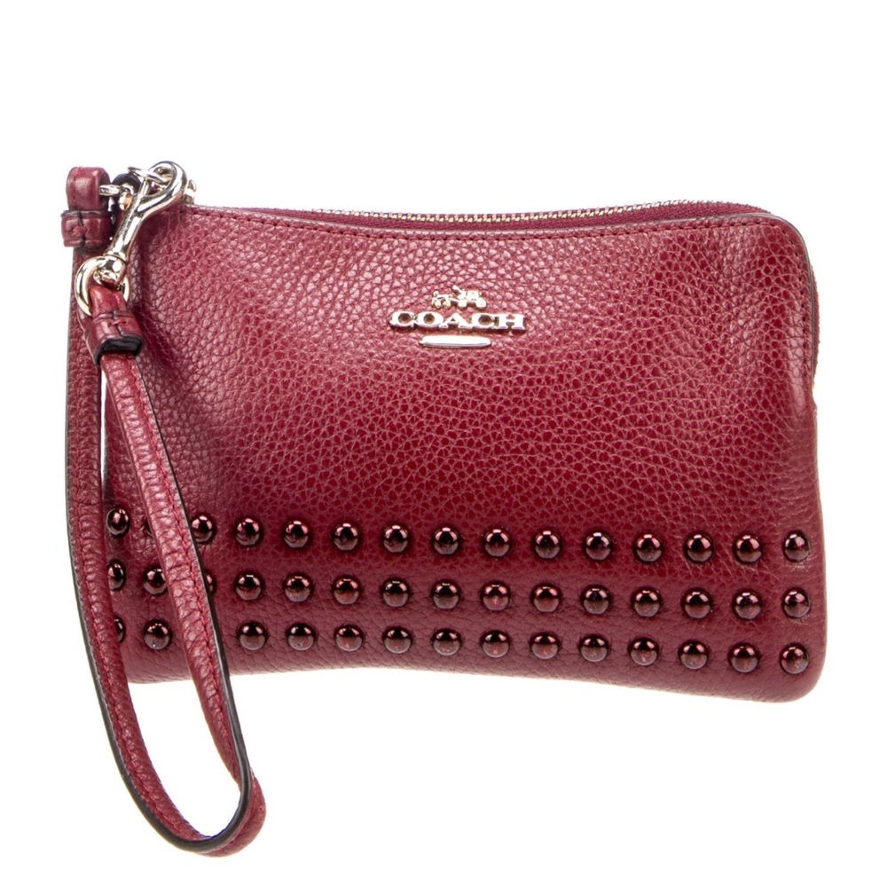 COACH Embellished Zip Around Wristlet in Red Currant Lacquer Rivets # 64252